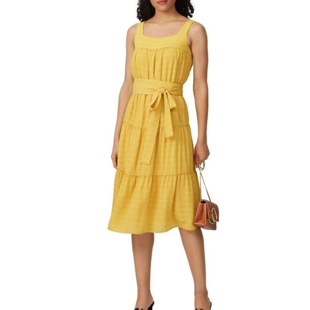 Slate & Willow Gauzy Tiered Layered‎ Midi Dress Mustard Tie Waist Women's Size 8